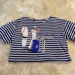 Vintage 80’s Blue Stripe Navy Nautical Sailing Offshore Crop Top T Shirt M